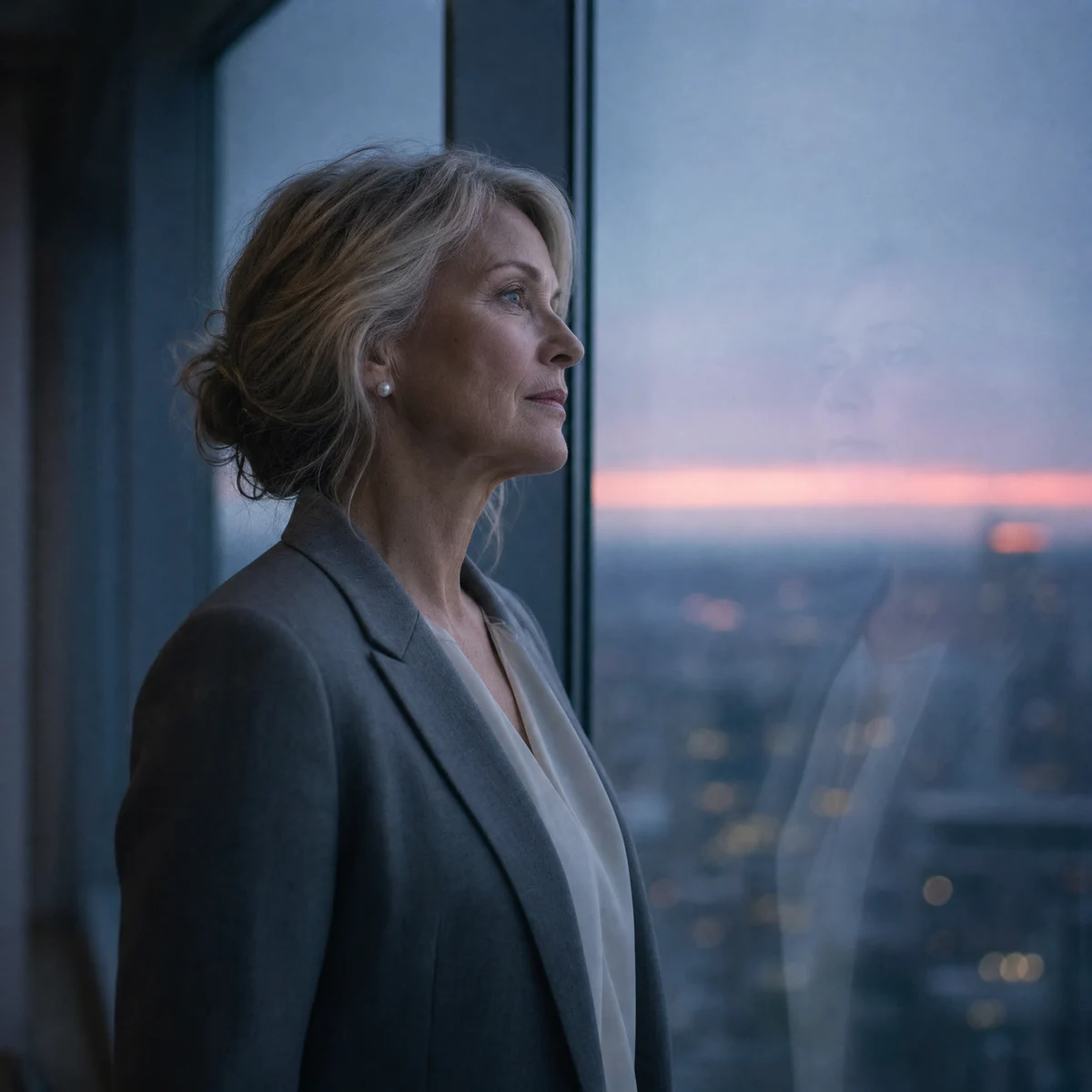 A leader at a tall window at dusk, her faint reflection in the glass, looking out over the city