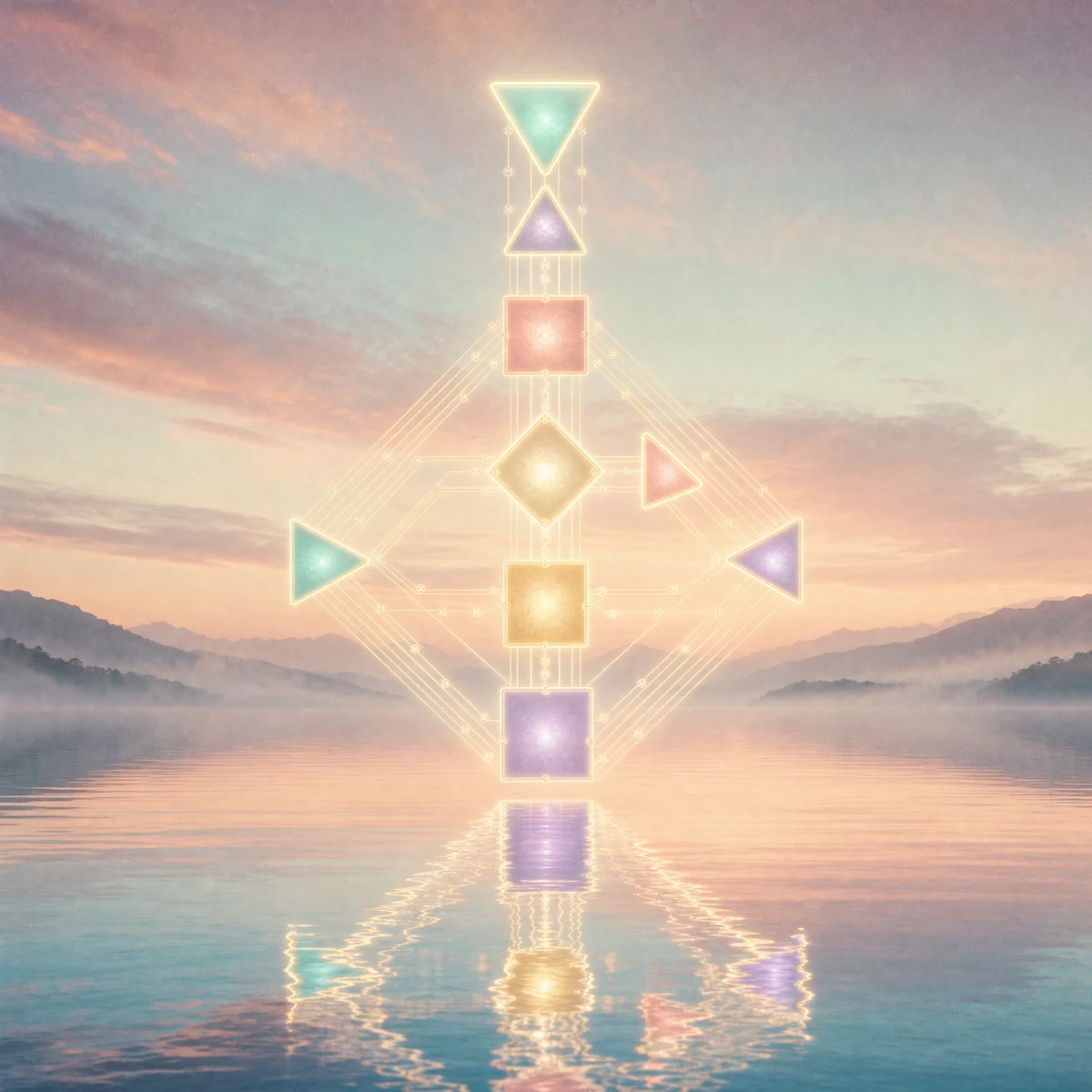 A Human Design bodygraph drawn in light above a still dawn lake — its nine centres joined by channels, some filled with colour, some open