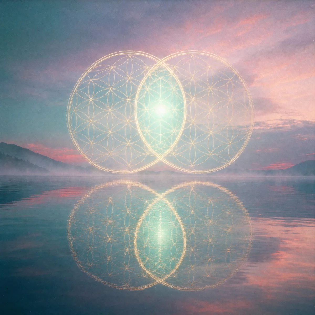 Two luminous mandalas overlapping above still dawn water