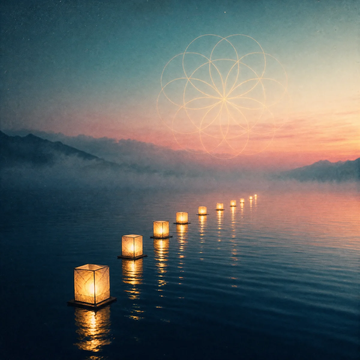 Ten lanterns drifting in a line across still water at dawn