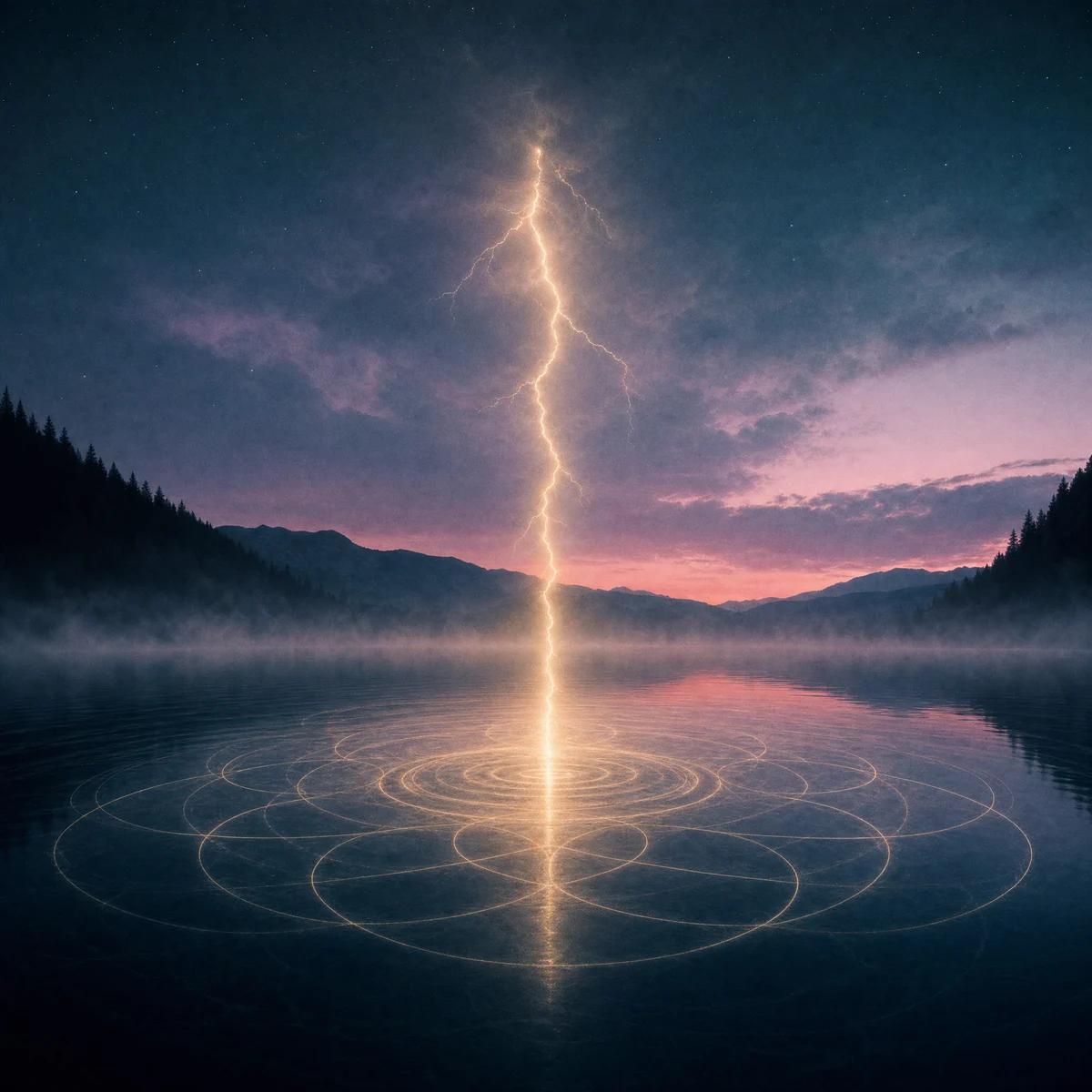 A shaft of light striking a still lake at dusk, its rings spreading into circles of sacred geometry
